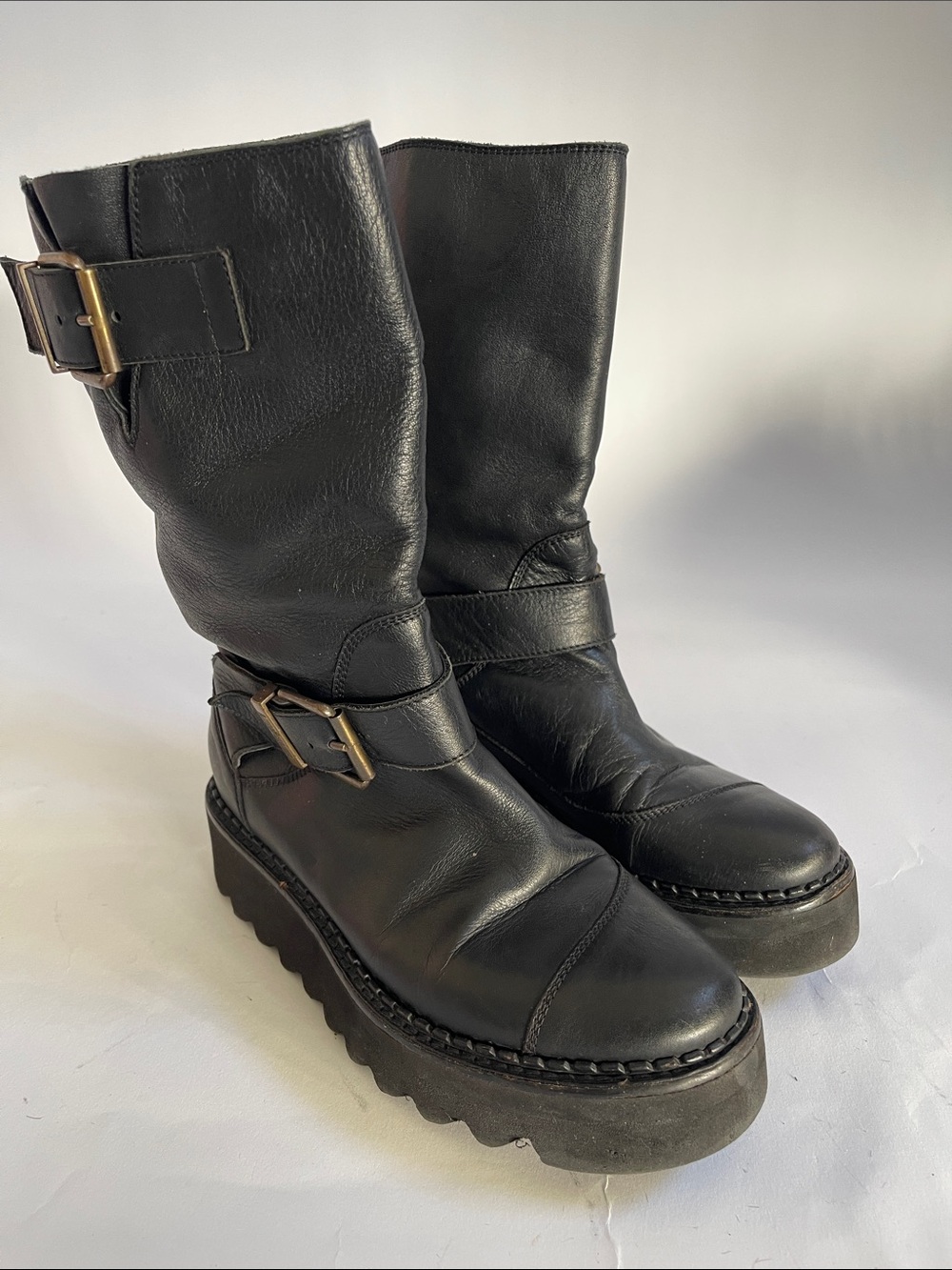 Vivienne Westwood Anglomania Black Leather Double Buckle Biker Boots AW16 US 7 - Picture 3 of 15